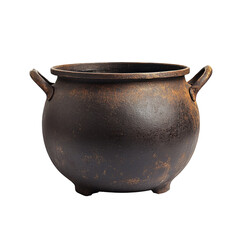 A close up shot of a dark metal cauldron with handles and feet on a black background in studio lighting