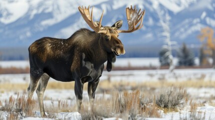 Fototapeta premium Moose standing alone in a snowy field