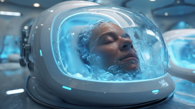 A transparent cryocapsule in a futuristic chamber, glowing from within, with a human head immersed in frozen fog.