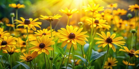 Obraz premium Radiant Yellow Flowers Basking in Golden Sunlight, a Vibrant Display of Nature's Beauty in a Lush Green Meadow