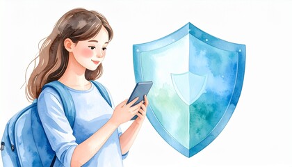 Cyberbullying Prevention concept. Young woman using smartphone with a shield symbolizing security.