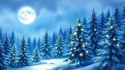 Fototapeta premium A Watercolor of snowy Magical forest with Christmas trees and glowing lights.