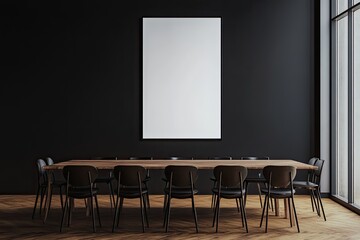 Dark room with long table and chairs.  Blank canvas on wall