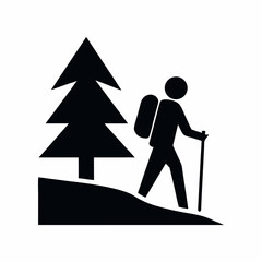Hiking Silhouette Icon with Backpack and Tree.