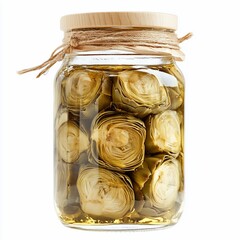 Glass jar of marinated artichoke hearts.