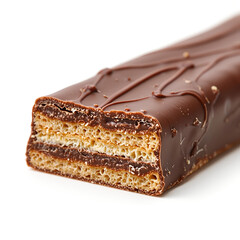 Chocolate-covered bar split in half reveals creamy filling and crispy layers, showcasing delicious texture.