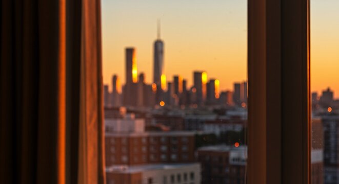 Fototapeta Warm sunset glow illuminates the New York City skyline as seen through a window