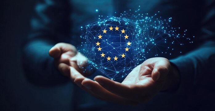 Hands holding a digital EU symbol