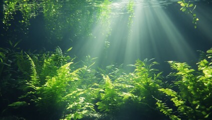 Obraz premium Sunbeams illuminate lush underwater plants and ferns.