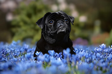 black pug dog sitting on a field of blue scilla flowers