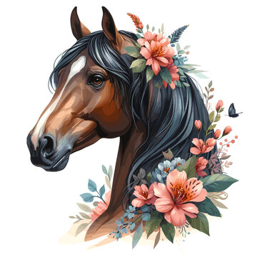 Horse. Flowers. Horse head.  Portrait. Watercolor style. Isolated on a white background. Banner. Vector illustration, AI
