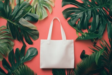 White tote bag with large tropical leaves on vibrant coral background with bright and even lighting