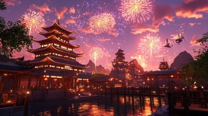 Fototapeta premium Asian city at dusk, fireworks explode over temples