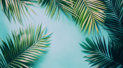 Obraz premium Tropical Palm Leaves on Soft Baby Blue Background 