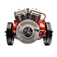 A detailed close up of a red and silver engine with wheels against a black background in studio shot