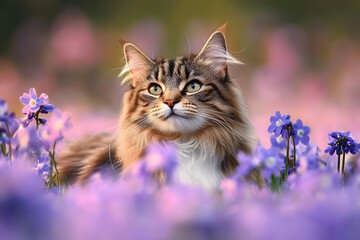beautiful long haired tabby cat portrait on a field of blooming flowers