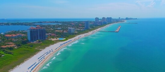 Scenic aerial view of a luxury coastal landscape with vibrant turquoise ocean and sandy beach