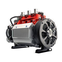 A detailed view of a red and silver engine with a large black flywheel on a black background studio shot