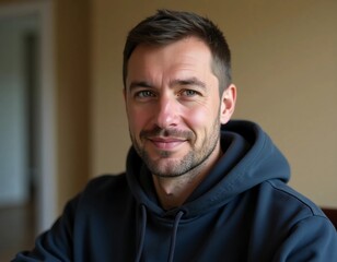 Obraz premium A Belarusian man in his thirties shares a warm smile while wearing a comfortable hoodie. The background reveals a tranquil indoor space filled with soft lighting Generative AI