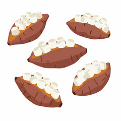 Five sweet potatoes topped with marshmallows, isolated on white background
