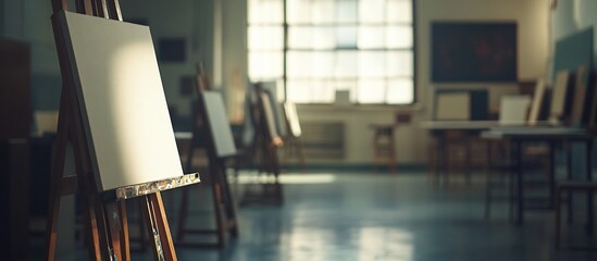 Sunlit art studio interior with empty easels and canvases, ready for painting.