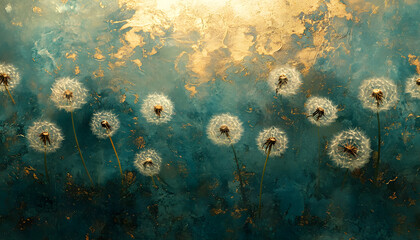 Dandelion Seeds Floating in a Blurred, Dreamy Backdrop of Soft Greens and Golds, Evoking Serenity and Tranquility