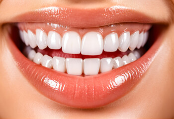 Close-up of a Woman's Smiling Lips and Perfect Teeth.