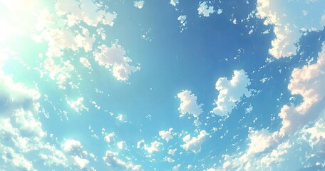 Anime Style Blue Sky Filled with White Puffy Clouds Background