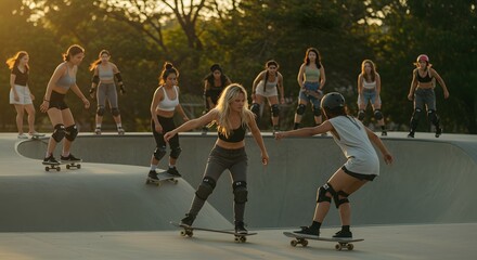Empowering Women Skateboarding A Powerful Display of Skill, Strength, and Sisterhood at Sunset