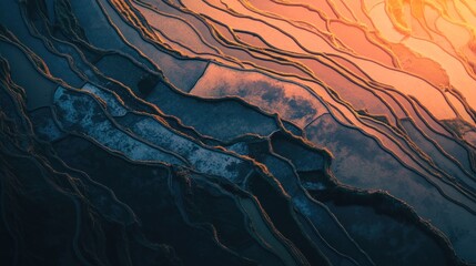 Terraced rice paddies, vibrant colors, aerial view
