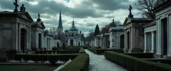 European Mausoleum Cemetery with Grand Architecture, Dome and Columns Framed by Symmetrical Sculpted Trees Under Overcast Sky, Elegant Path of Tombs and Monuments