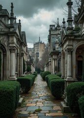 European Mausoleum Cemetery with Grand Architecture, Dome and Columns Framed by Symmetrical Sculpted Trees Under Overcast Sky, Elegant Path of Tombs and Monuments