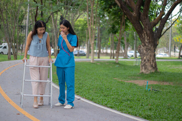 Fototapeta premium Nurses and patients in the hospital talk with care, offer medical advice, support, and recovery advice with compassion.