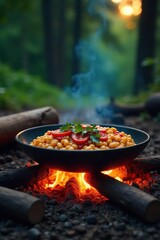 Delicious campfire-cooked meal sizzling over glowing embers, surrounded by nature's beauty Perfect for outdoor adventure and camping themes , corn, potatoes