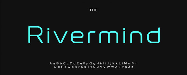 Rivermind futuristic alphabet, neon rounded letters, minimal tech font with sci-fi digital feel, clean branding style, sleek typography, modern typographic design. Vector typeset.