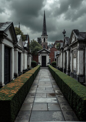 European Mausoleum Cemetery with Grand Architecture, Dome and Columns Framed by Symmetrical Sculpted Trees Under Overcast Sky, Elegant Path of Tombs and Monuments