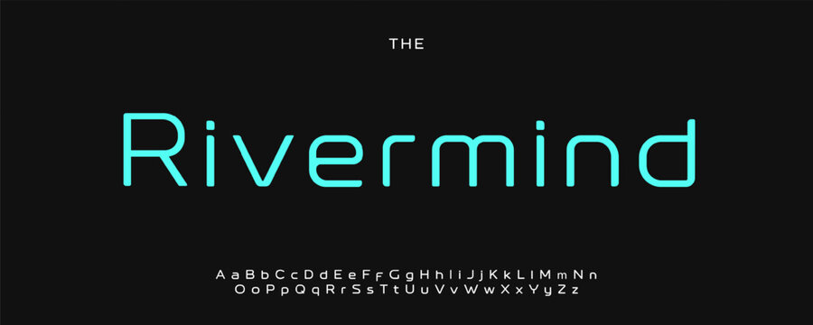 Rivermind futuristic alphabet, neon rounded letters, minimal tech font with sci-fi digital feel, clean branding style, sleek typography, modern typographic design. Vector typeset.