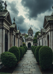 European Mausoleum Cemetery with Grand Architecture, Dome and Columns Framed by Symmetrical Sculpted Trees Under Overcast Sky, Elegant Path of Tombs and Monuments