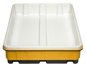 Yellow and white heavy-duty plastic secondary containment tray on a transparent background