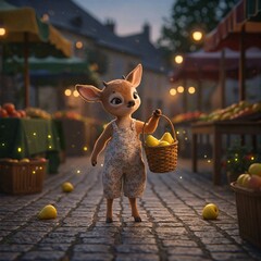 A tiny deer in bloom-print overalls balances a basket of pears while fireflies blink along the cobbled edges of evening stalls.