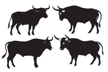 Bull longhorn cow farm animals' silhouettes set, large pack of vector silhouette design, isolated white background