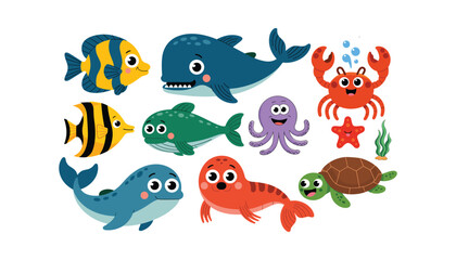 Naklejka premium Various sea fish set vector on white background