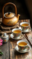 A beautifully arranged tea set featuring a teapot and delicate cups filled with fragrant tea, perfect for a cozy gathering.