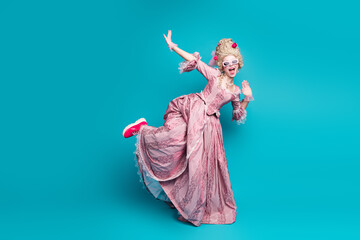 Full size photo of young aristocratic woman overjoyed dance wear baroque dress isolated on teal color background