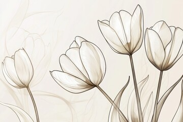 Elegant Line Art of Tulips with Soft Background in Neutral Tones