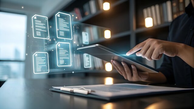 Digital Document Signing and Paperless Contract Management. Person signing documents on tablet with stylus, multiple virtual pages and electronic signatures in modern office setup. e-signature, - Powered by Adobe