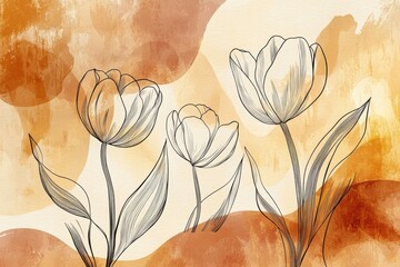Elegant Line Art of Tulips with Warm Earthy Background Hues