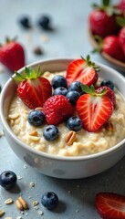 A steaming bowl of creamy oatmeal, topped with fresh berries and nuts, ready to be enjoyed for a healthy and delicious breakfast ,  autumn,  berries