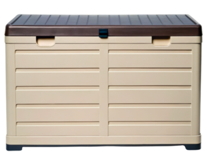 Large beige outdoor storage deck box with dark brown lid on a transparent background