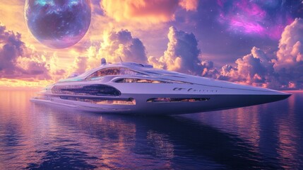 Futuristic spaceship-yacht on alien seascape